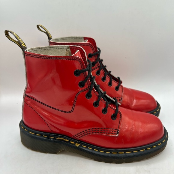 Dr. Martens Shoes - Rare Vintage Made in England Dr. Martens Red Patent Leather Boots 6 EYE Size 7